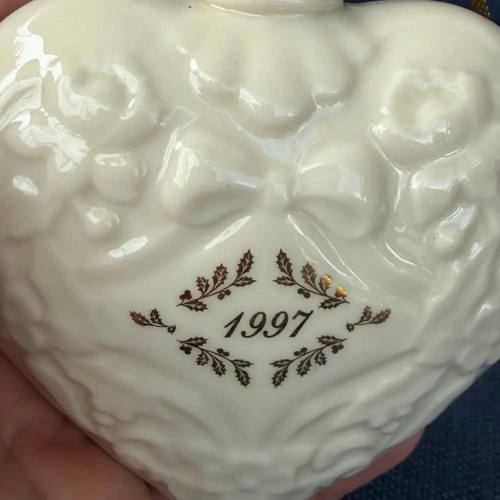 Lenox 1997 Annual Christmas Ornament Porcelain Heart Embossed Gold Tassel Puffy